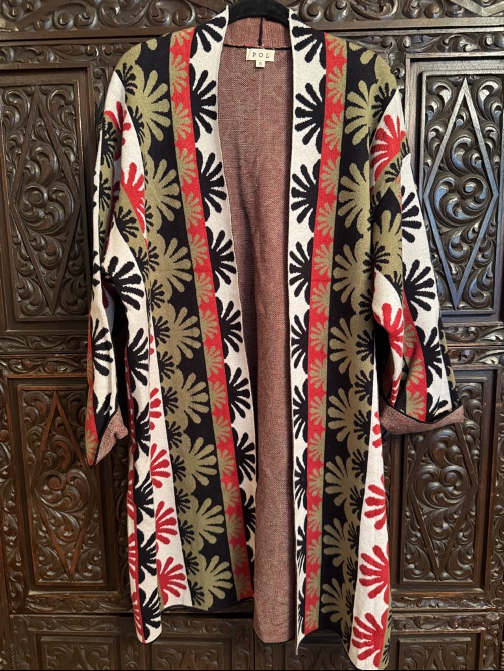NWOT POL Open-Front Floral Stripe Cardigan - Black/Red/Olive/White Small